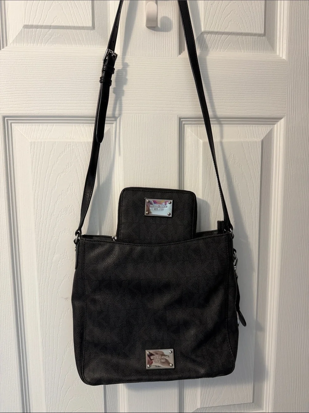 Michael Kors Black Leather Crossbody with Silver Plaques